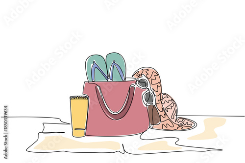 Single one line drawing tube of sunscreen, sunglasses, bag, woven hat and flip flops on the mat. Play equipment in summer. Protect. National Sunscreen Day. Continuous line design graphic illustration