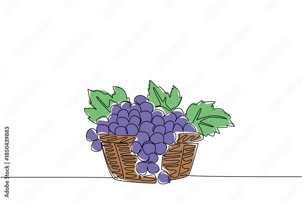 Obraz premium Continuous one line drawing purple grapes with leaves in woven basket. It is the season for an abundant fruit harvest. Delicious grape. National Grape Day. Single line draw design vector illustration