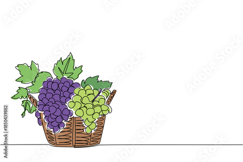 Single continuous line drawing the green and purple grapes with leaves in a woven basket. Diversity abounds at harvest time. Delicious taste. National Grape Day. One line design vector illustration