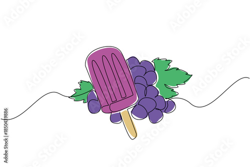 Single one line drawing grape popsicles with grapes on the back. The main ingredients for making refreshing popsicles in summer. Cold. Grape Popsicle Day. Continuous line design graphic illustration