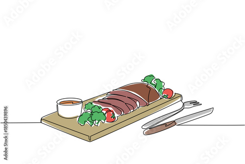 Single one line drawing brisket cut into pieces, broccoli, some tomatoes, small bowl of sauce and knife and fork. Luxurious pleasure. National Brisket Day. Continuous line design graphic illustration