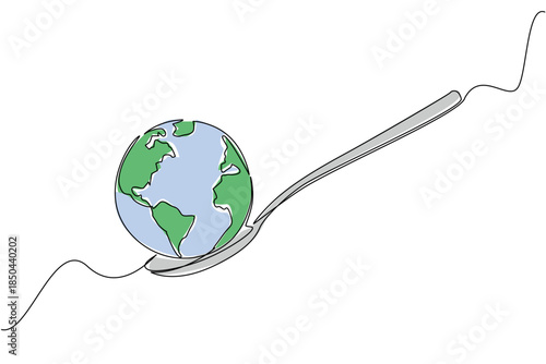 Continuous one line drawing a spoon with a globe on the end. Supporting the formation of a more serious world food agency. Rise awareness. World Hunger Day. Single line draw design vector illustration