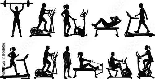 Gym, fitness, exercise, silhouettes, workout, training, cardio, strength, equipment, athlete, treadmill, bicycle, rowing, barbell, sport, health, vector, illustration, set, isolated