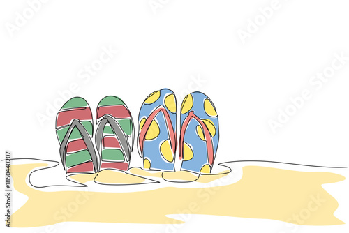 Continuous one line drawing 2 pairs of patterned flip flops embedded in the sand. A young couple spends their holidays on the beach. National Flip Flop Day. Single line draw design vector illustration