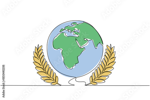 Single one line drawing globe with two wheat stalks on the right and left. Symbol of uneven food distribution around the world. Awareness. World Hunger Day. Continuous line design graphic illustration