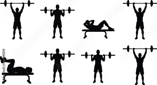 Gym, workout, silhouettes, weightlifting, barbell, exercise, fitness, training, strength, athlete, body, building, equipment, sport, health, vector, illustration, set, isolated, white