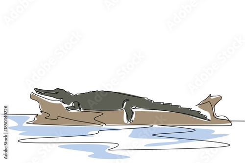 Single continuous line drawing alligator on the surface of fallen tree trunk. Coming to the surface after soaking in water. Acclimatization. National Alligator Day. One line design vector illustration