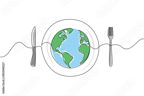 Single continuous line drawing a plate with a globe in the middle with knife and fork on the right and left. Annual problem that keeps happening. World Hunger Day. One line design vector illustration