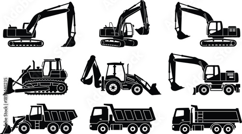 Heavy construction equipment silhouettes set, excavator bulldozer backhoe dump truck, industrial machinery icons, black vector collection, isolated white background