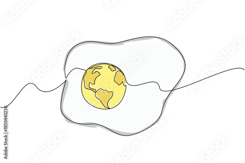 Continuous one line drawing fried egg with yolk made into globe. Good protein content in eggs. Good nutrition but not evenly distributed. World Hunger Day. Single line draw design vector illustration