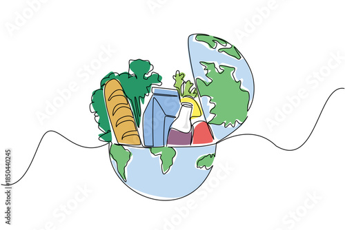 Single one line drawing half round globe with open top with French bread, glass bottle of milk, vegetables. Lack of nutritional equity. World Hunger Day. Continuous line design graphic illustration
