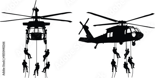 Helicopter rappelling silhouettes, tactical descent, military operation, rescue mission, airborne insertion, rope deployment, black and white illustration, aerial training exercise