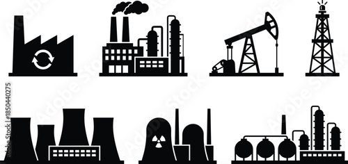 Industrial energy production silhouettes icon set, factory refinery power plant oil gas infrastructure collection isolated on white background