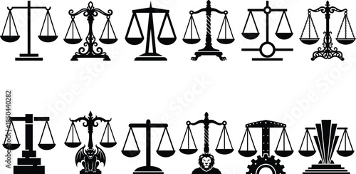 Justice scales silhouettes set, law balance symbols, legal equality icons, court justice concept, black vector collection, isolated on white background