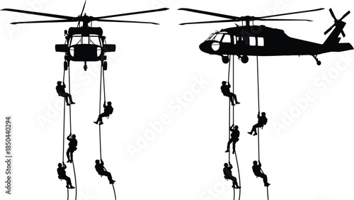 Military helicopter fast rope insertion, special forces soldiers rappelling, tactical air assault operation, combat training silhouette, elite rescue mission