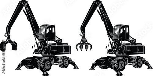 Material, handler, excavator, grapple, silhouettes, construction, machinery, lifting, equipment, industrial, recycling, waste, handling, heavy, vehicle, vector, illustration, set, isolated, white