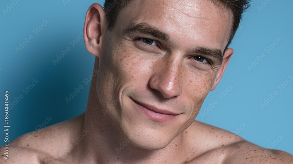 Obraz premium Sun kissed male skin with warm micro details, soft pastel blue background, closeup portrait, natural freckles, healthy complexion, relaxed smile, youthful energy