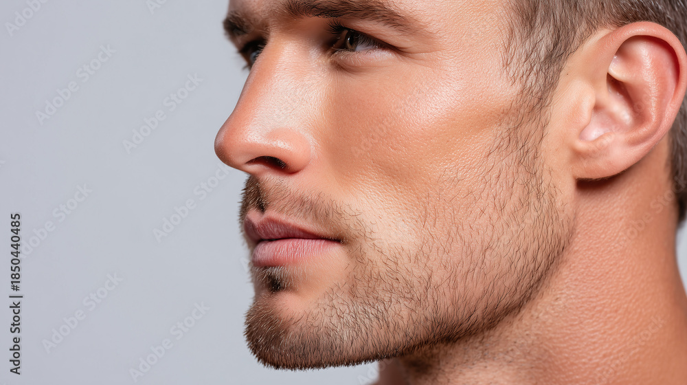 Fototapeta premium Male face closeup smooth velvety skin texture defined cheekbone subtle stubble healthy complexion diffused lighting side profile natural look youthful appearance calm expression