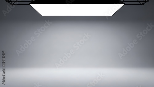 A professional studio backdrop featuring a large rectangular softbox light mounted on a black truss, casting a clean, bright glow across a neutral grey minimalist floor and wall.
