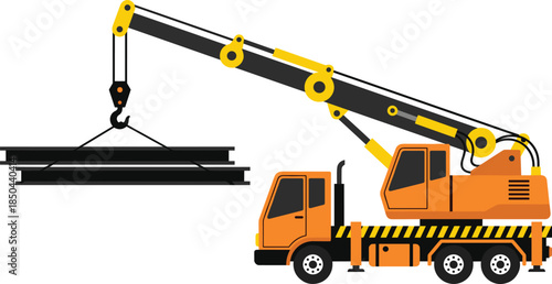 Mobile crane truck lifting steel plates, hydraulic construction vehicle illustration, heavy industrial machinery equipment icon isolated on white