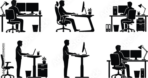 Office worker silhouettes icon set, business people working at desk standing workstation computer workplace collection isolated on white background