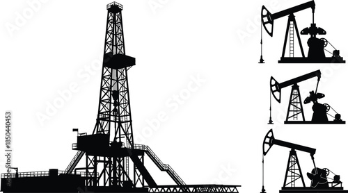 Oil drilling rig and pumpjack silhouettes set, petroleum extraction equipment, offshore platform, energy industry, industrial machinery, vector illustration
