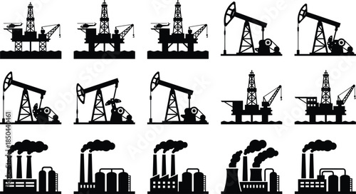 Oil industry silhouettes icon set, offshore drilling rigs pumpjacks factories energy production collection isolated on white background