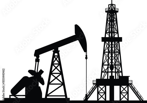 Oil industry silhouette scene, pumpjack and drilling rig, petroleum extraction, energy production, industrial machinery, fossil fuel infrastructure, vector illustration