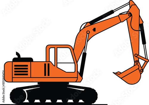Orange excavator illustration, heavy construction digging machine, hydraulic crawler equipment, industrial earthmoving vehicle, flat vector design, isolated white background