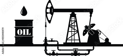 Oil pumpjack silhouette illustration, petroleum barrel, pipeline system, crude oil extraction, energy industry equipment, industrial production, fossil fuel, vector graphic