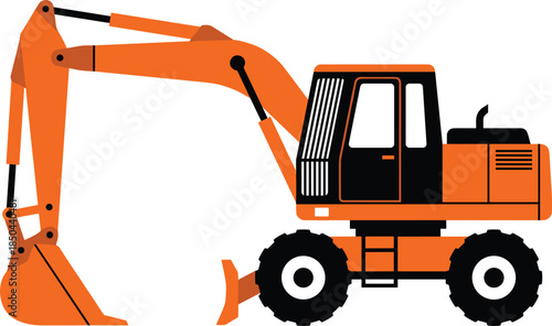 Orange excavator illustration, wheeled hydraulic digging machine with bucket, heavy construction earthmoving equipment icon isolated on white background