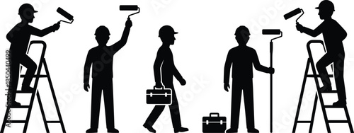 Painter, worker, silhouettes, house, painting, ladder, roller, tools, construction, maintenance, renovation, labor, safety, equipment, industrial, vector, illustration, set, isolated, white