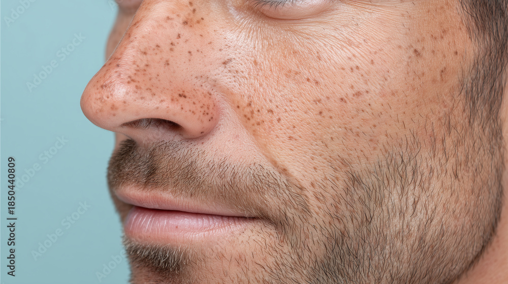 Obraz premium Freckled male nose bridge close up macro of light skin with stubble pastel mint background natural texture soft lighting calm expression detailed pores facial hair