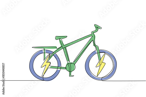 Single continuous line drawing lightning bolt in the middle of both e bike tires. High technology helps make bikes faster. Need to charge. National E Bike Day. One line design vector illustration