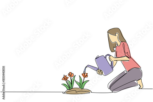 Single one line drawing a woman squats and waters flowering plants with a watering can. Caring with all the heart. New hobby. National Water a Flower Day. Continuous line design graphic illustration
