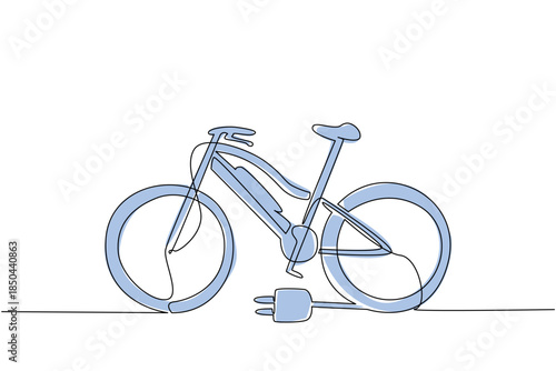 Continuous one line drawing e bike with a cable plug on its rear tire. Electric bikes that can be charged at charging stations. Tech. National E Bike Day. Single line draw design vector illustration