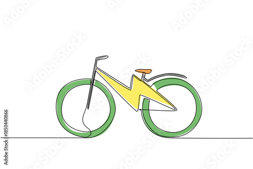 Single one line drawing lightning bolt in the middle of e bike frame. Electric technology to inspire cycling. Convenience for everyone. National E Bike Day. Continuous line design graphic illustration