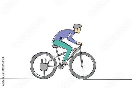 Single continuous line drawing a man riding an e bike with a cable plug in his tire. The perfect week to exercise with modern technology. National E Bike Day. One line design vector illustration