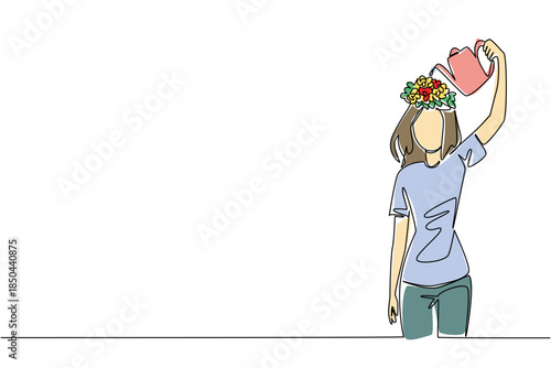 Continuous one line drawing a woman watering flowering plants above head. Symbolism clears the mind. Come with good thoughts. National Water a Flower Day. Single line draw design vector illustration