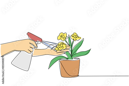 Single one line drawing hand spraying flowering plants in pots. Caring for flower pots for home decoration. The art of caring. National Water a Flower Day. Continuous line design graphic illustration