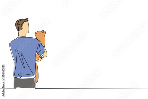 Continuous one line drawing rear view, a man in casual clothes hugging cat. Cat friendship with humans. Adorable behavior. International Hug Your Cat Day. Single line draw design vector illustration
