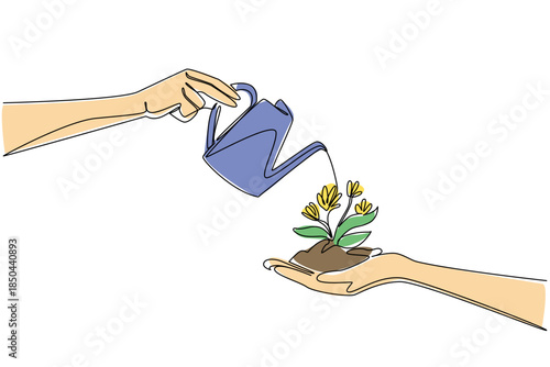 Single continuous line drawing hand holds a lump of soil with flowering plant and watering it with watering can. Symbol of cooperation. National Water a Flower Day. One line design vector illustration