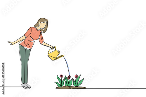 Continuous one line drawing a woman stands watering flowering plants with watering can. Hobby of caring for plants is a joy. National Water a Flower Day. Single line draw design vector illustration