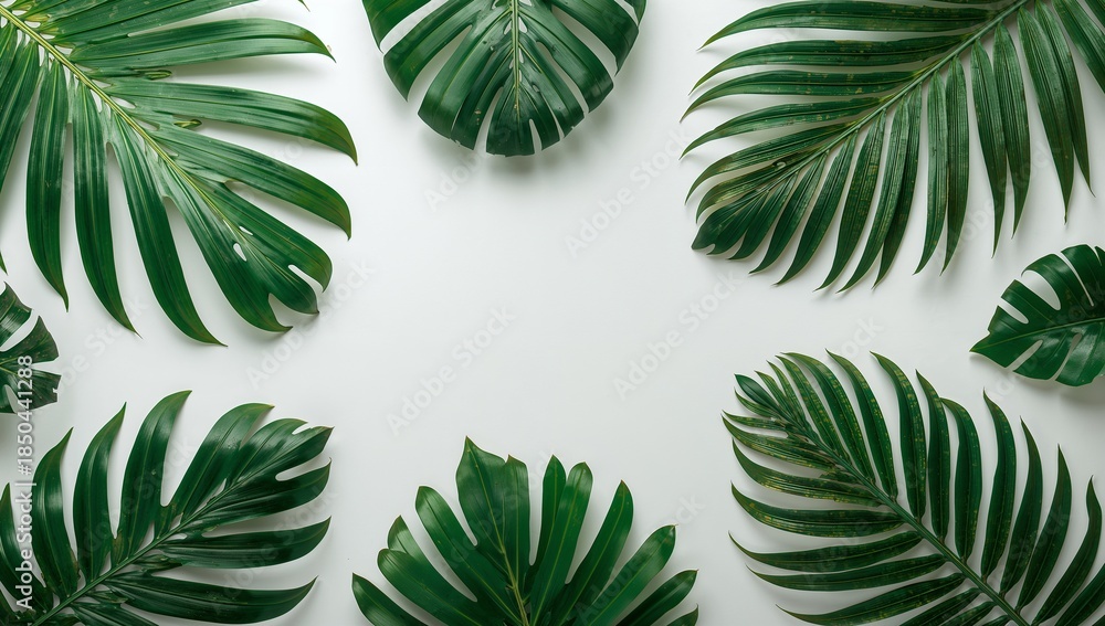 Naklejka premium Lush Green Tropical Leaves on White Background for Nature Themes