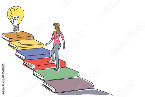 Continuous one line drawing a woman walks on stairs made of books and a lightbulb floating at the end. Stepping into genius. Idea. National Creativity Day. Single line draw design vector illustration