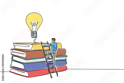 Single one line drawing a man climbs stack of thick books with lightbulb floats above. The long process of sharpening intelligence. National Creativity Day. Continuous line design graphic illustration