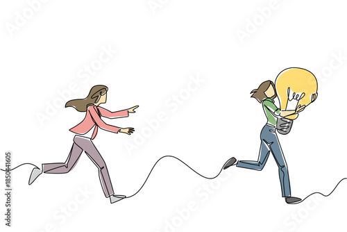 Continuous one line drawing a businesswoman chases a woman running with a light bulb. The thief of ideas. A disturbing crime. National Creativity Day. Single line draw design vector illustration