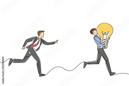 Single continuous line drawing a businessman chases a man running with lightbulb. Chasing down plagiarists. Illegal acts violate copyright. National Creativity Day. One line design vector illustration