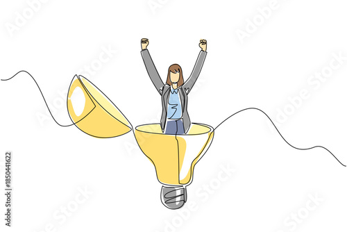Continuous one line drawing a businesswoman stands in lightbulb with the top open raising hands. Get out of the erratic mind. Idea. National Creativity Day. Single line draw design vector illustration