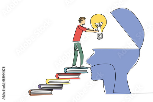 Single one line drawing a man walks carry a big lightbulb towards a silhouette of a head with an open top. Useful creative memory. National Creativity Day. Continuous line design graphic illustration